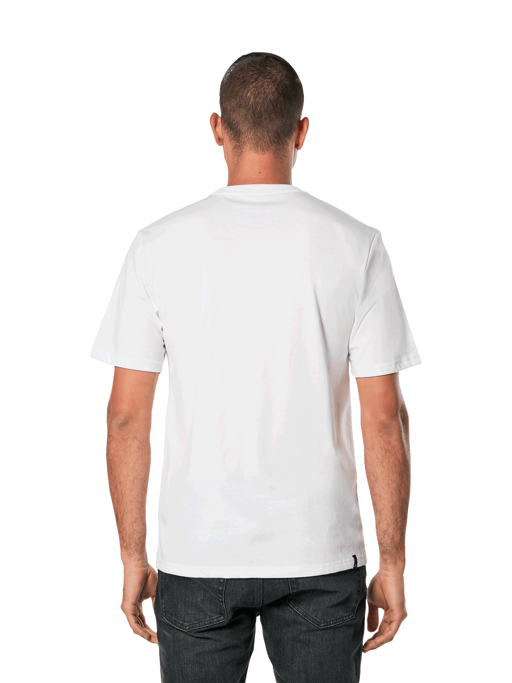 Alpinestars Blaze 2.0 CSF Tee, t-shirt a maniche corte, bianco e blu navy, vista posteriore di un uomo che indossa una t-shirt bianca semplice con pantaloni neri, abbigliamento casual motorsport streetwear