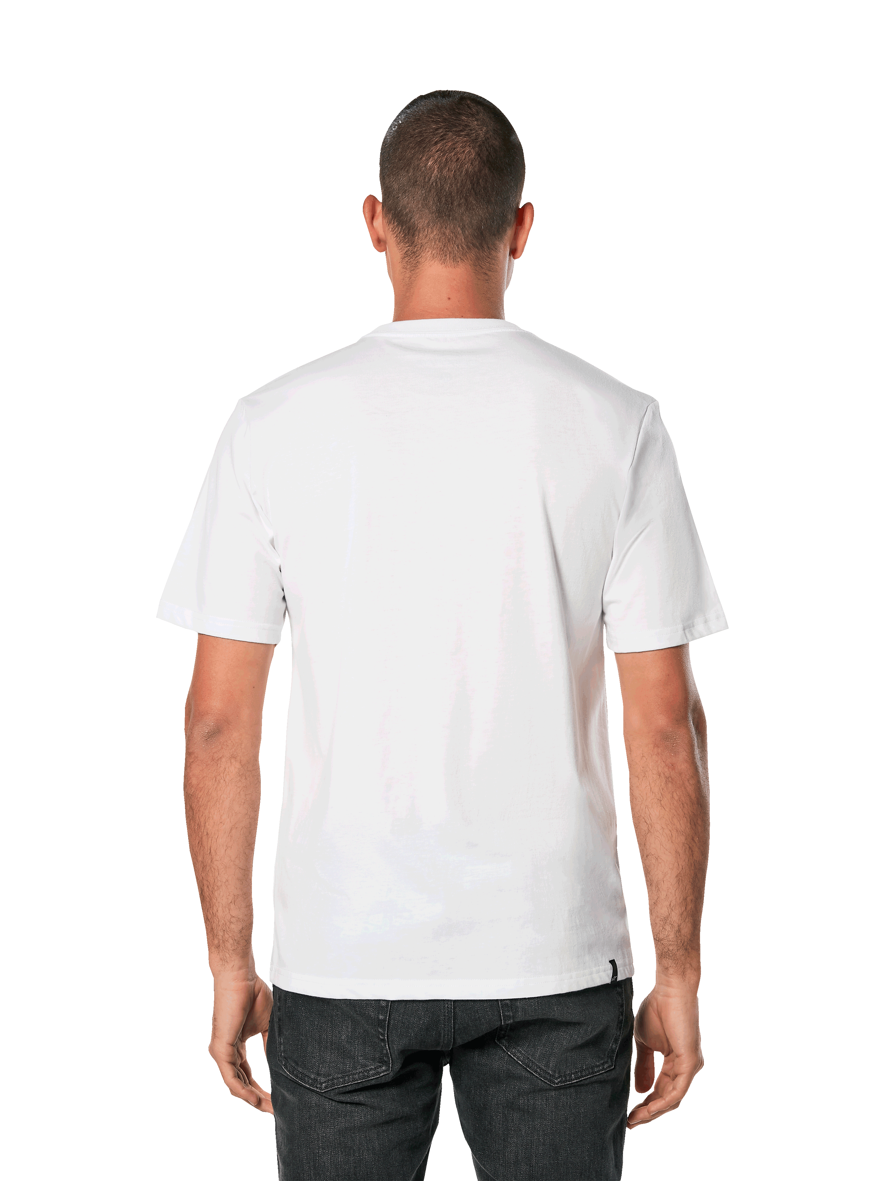 Alpinestars Blaze 2.0 CSF Tee, t-shirt a maniche corte, bianco e blu navy, vista posteriore di un uomo che indossa una t-shirt bianca semplice con pantaloni neri, abbigliamento casual motorsport streetwear