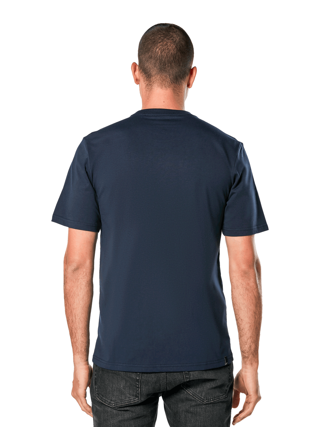 Alpinestars Blaze 2.0 CSF Tee, t-shirt a maniche corte, blu navy, vista posteriore su modello, streetwear casual ispirato al motorsport