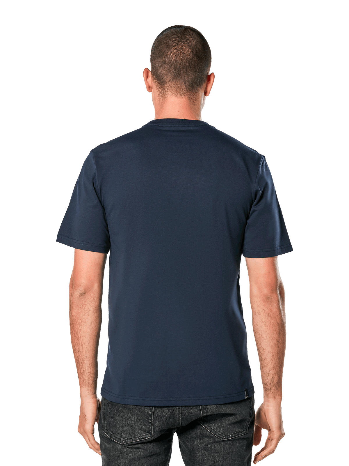 Alpinestars Blaze 2.0 CSF Tee, t-shirt a maniche corte, blu navy, vista posteriore su modello, streetwear casual ispirato al motorsport