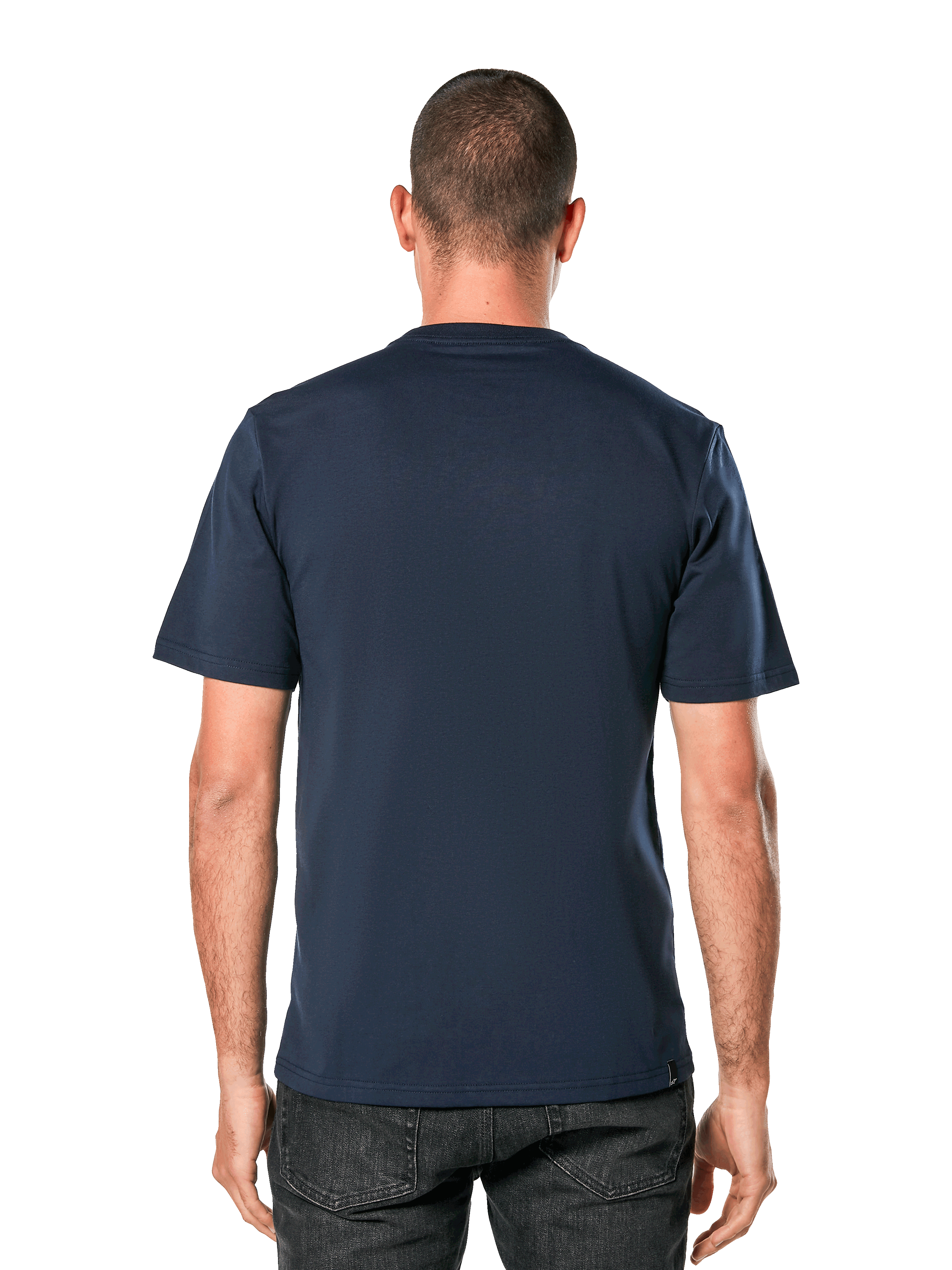 Alpinestars Blaze 2.0 CSF Tee, t-shirt a maniche corte, blu navy, vista posteriore su modello, streetwear casual ispirato al motorsport