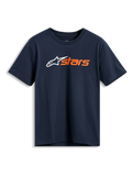 Alpinestars Blaze 2.0 CSF Tee, maglietta a maniche corte, blu navy, logo Alpinestars bianco e grafica 'stars' arancione sul petto, abbigliamento sportivo casual da motorsport