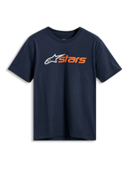 Alpinestars Blaze 2.0 CSF Tee, maglietta a maniche corte, blu navy, logo Alpinestars bianco e grafica 'stars' arancione sul petto, abbigliamento sportivo casual da motorsport