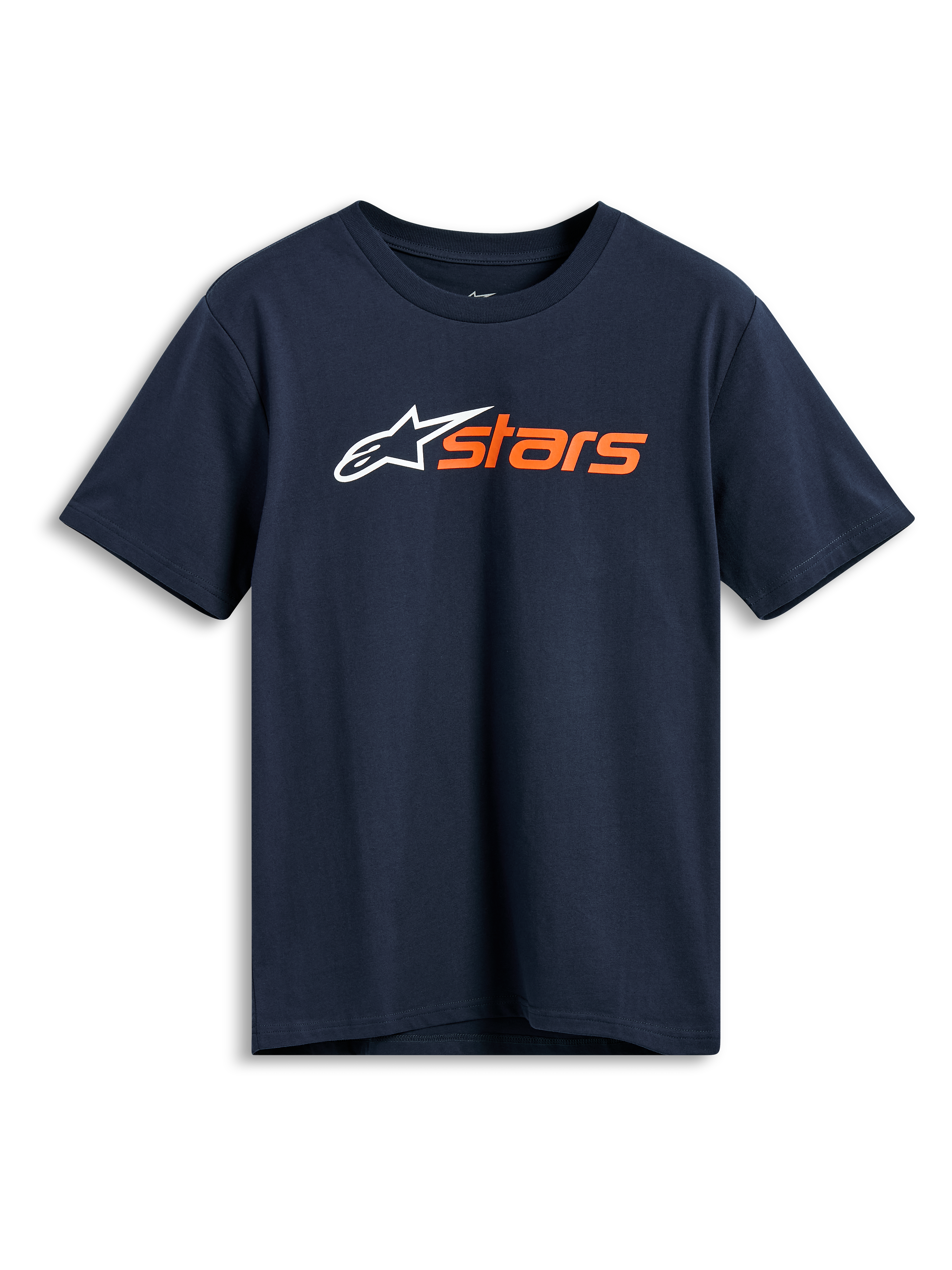 Alpinestars Blaze 2.0 CSF Tee, maglietta a maniche corte, blu navy, logo Alpinestars bianco e grafica 'stars' arancione sul petto, abbigliamento sportivo casual da motorsport