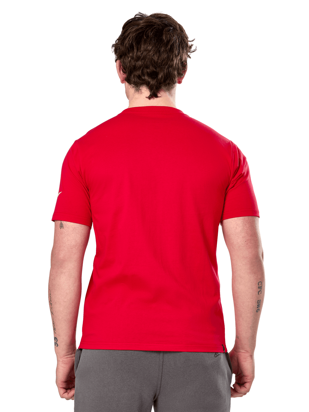 Alpinestars Linear Wordmark 2.0 CSF Tee, t-shirt a maniche corte, rosso, vista posteriore, rosso tinta unita con piccolo logo bianco sulla manica, design casual ispirato al motorsport