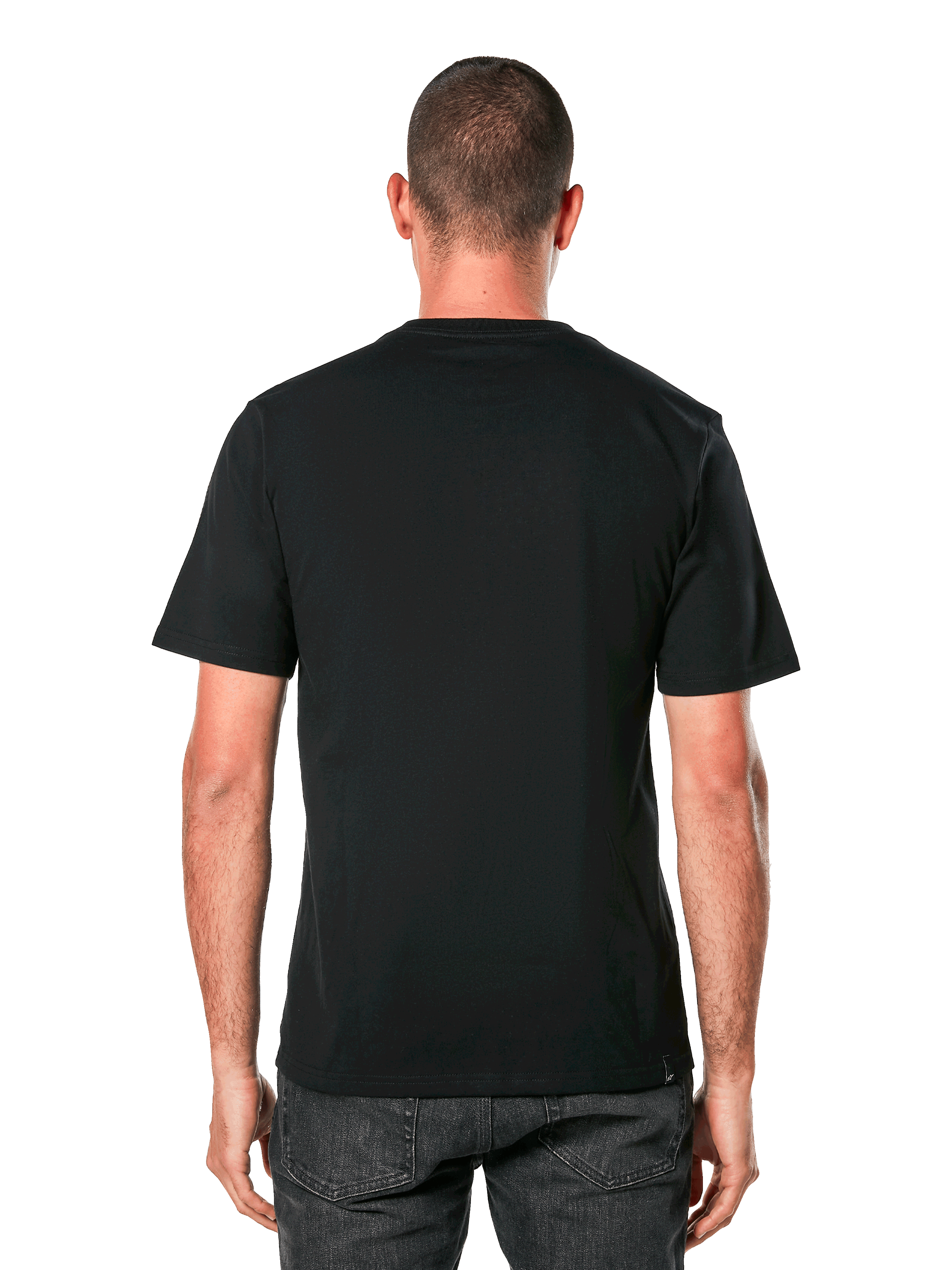 Alpinestars Ride 4.0 CSF Tee, vista posteriore, t-shirt nera a maniche corte, abbigliamento sportivo casual di ispirazione motorsport, indossata da un uomo con jeans scuri