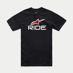 Alpinestars Ride 4.0 CSF Tee, maglietta a maniche corte, nero, logo Alpinestars rosso e scritta RIDE bianca, streetwear motorsport casual