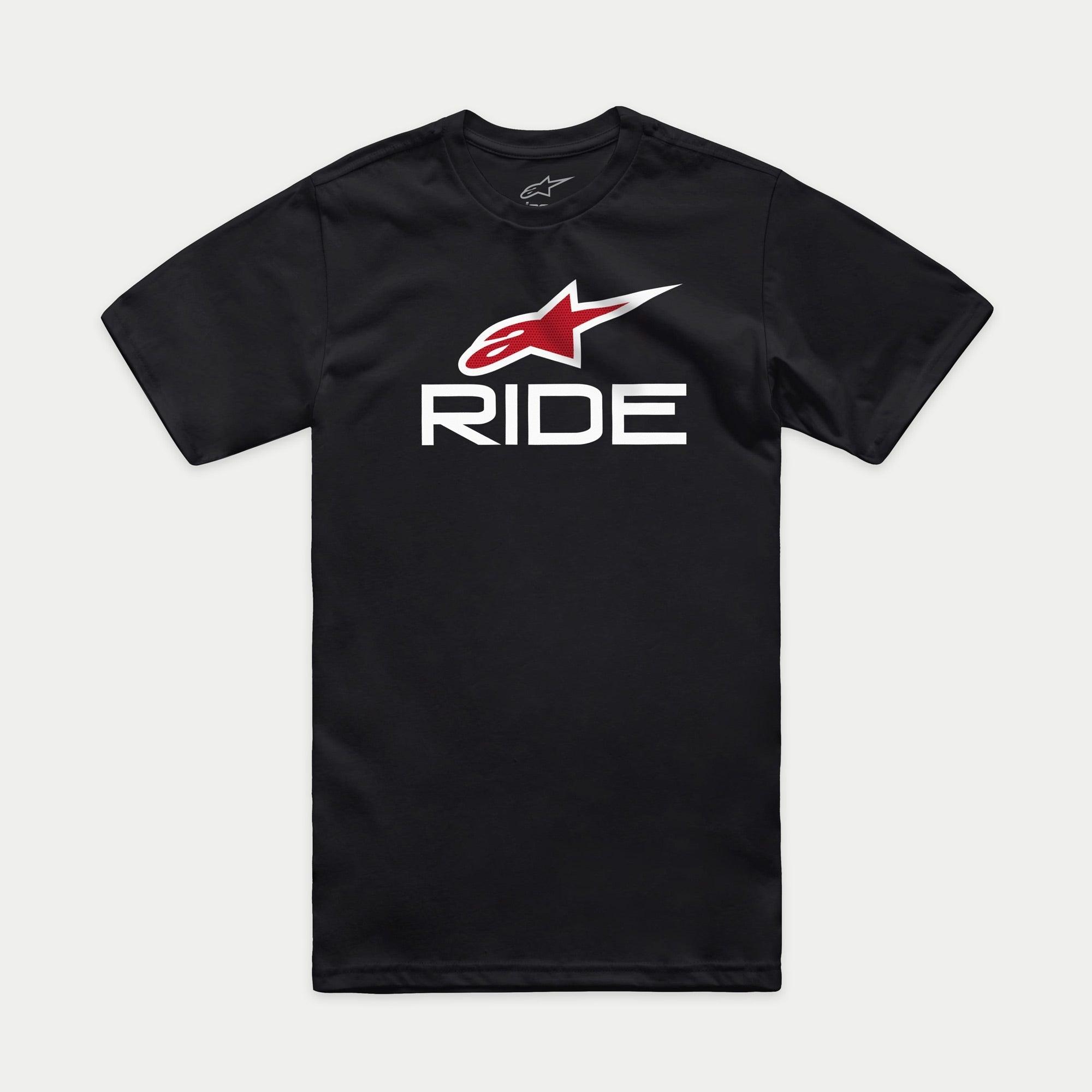 Alpinestars Ride 4.0 CSF Tee, maglietta a maniche corte, nero, logo Alpinestars rosso e scritta RIDE bianca, streetwear motorsport casual