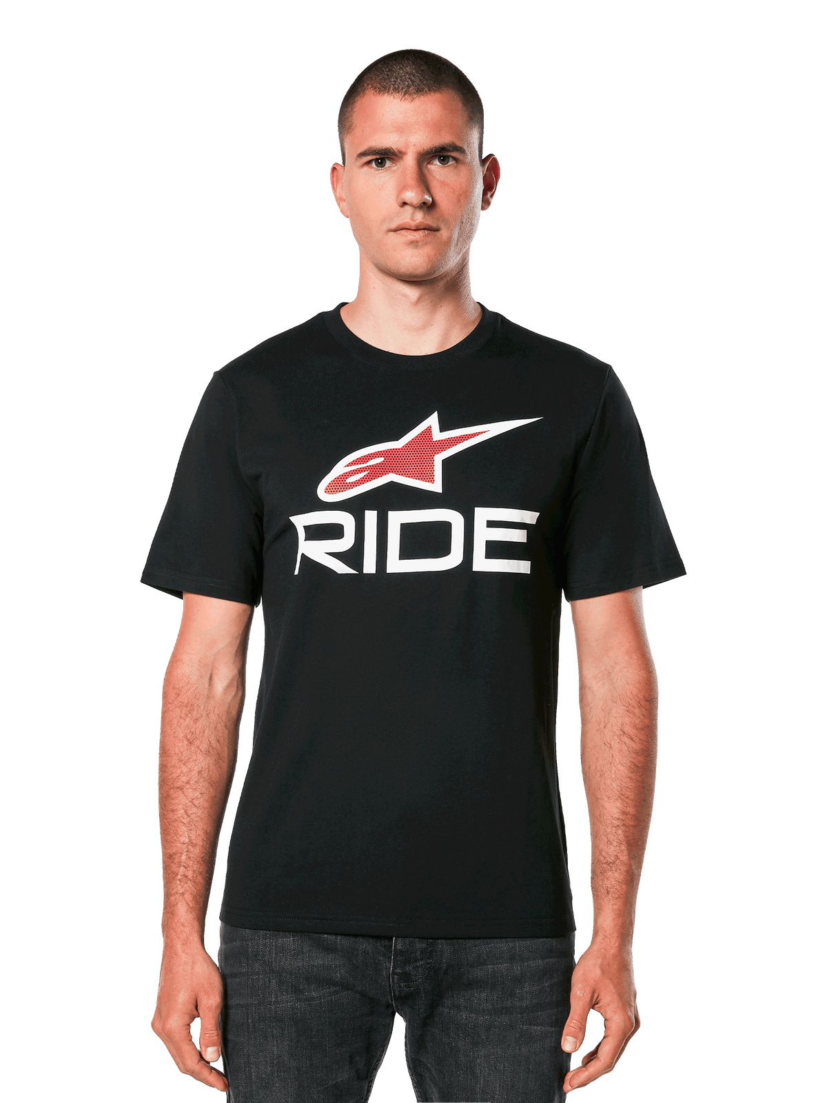 Alpinestars Ride 4.0 CSF Tee, t-shirt nera a maniche corte con logo a stella rosso e grafica con scritta RIDE bianca, abbigliamento casual motorsport da uomo