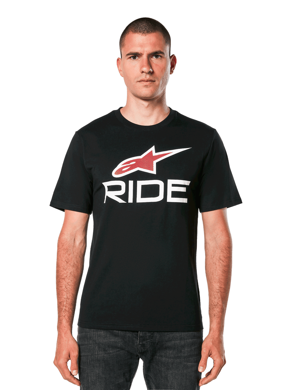 Alpinestars Ride 4.0 CSF Tee, t-shirt nera a maniche corte con logo a stella rosso e grafica con scritta RIDE bianca, abbigliamento casual motorsport da uomo