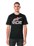 Alpinestars Ride 4.0 CSF Tee, t-shirt nera a maniche corte con logo a stella rosso e grafica con scritta RIDE bianca, abbigliamento casual motorsport da uomo