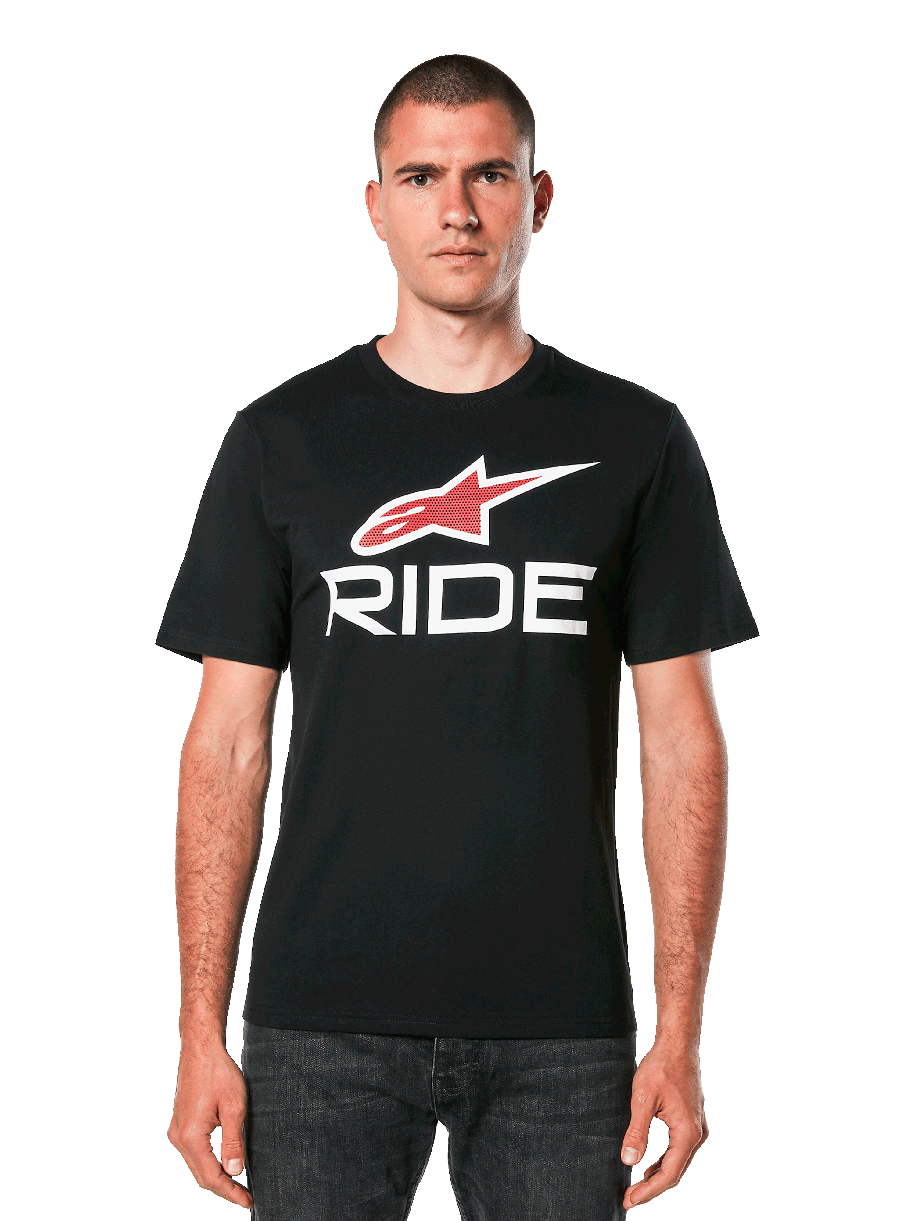 Alpinestars Ride 4.0 CSF Tee, t-shirt nera a maniche corte con logo a stella rosso e grafica con scritta RIDE bianca, abbigliamento casual motorsport da uomo