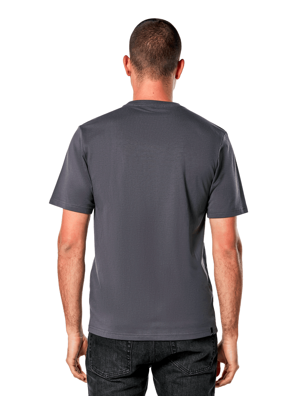 Alpinestars Ride 4.0 CSF Tee, vista posteriore, t-shirt a maniche corte, grigio antracite, design posteriore semplice con taglio e cucitura, indossata con jeans neri, streetwear casual ispirato al motorsport