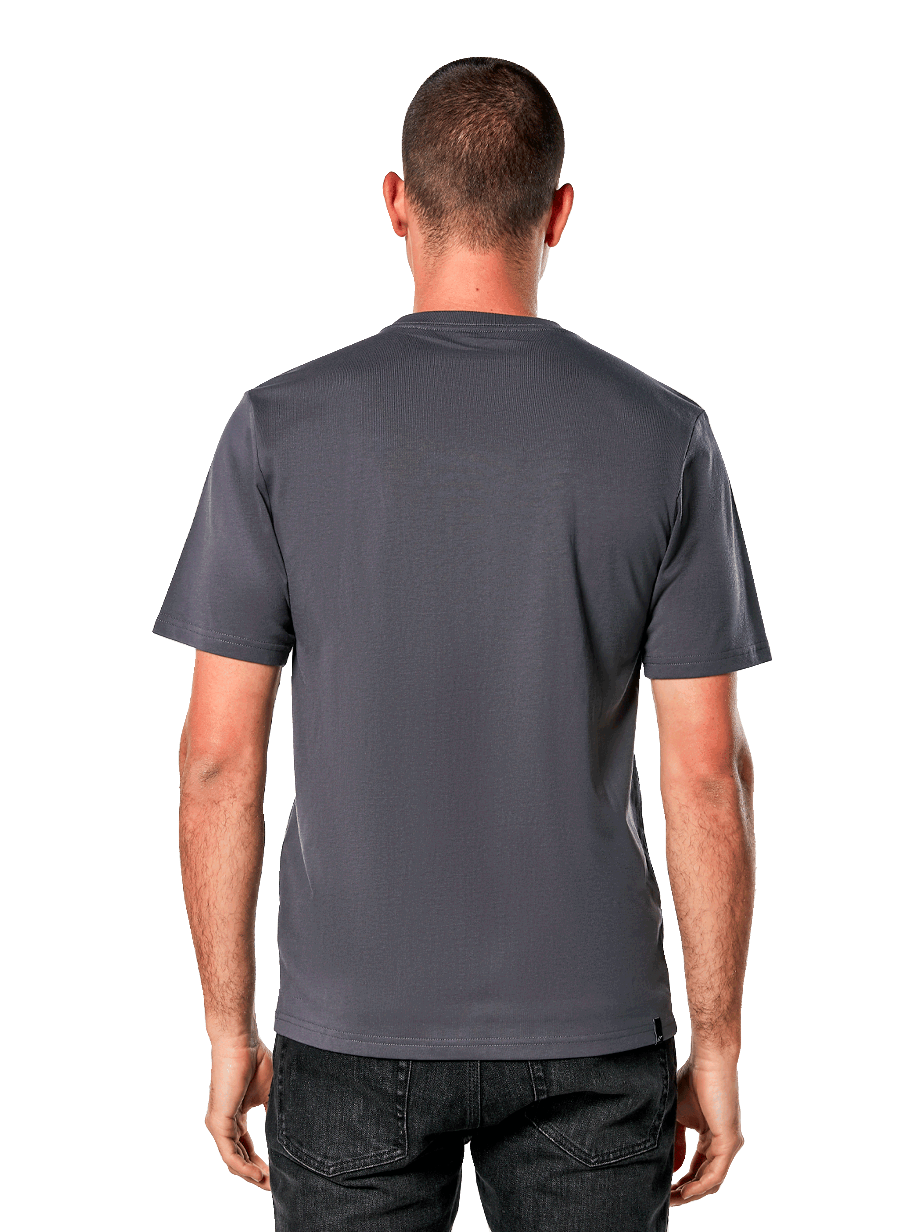 Alpinestars Ride 4.0 CSF Tee, vista posteriore, t-shirt a maniche corte, grigio antracite, design posteriore semplice con taglio e cucitura, indossata con jeans neri, streetwear casual ispirato al motorsport