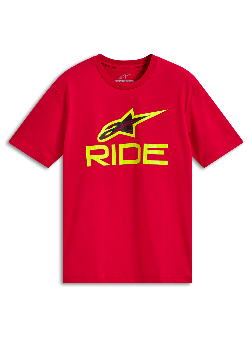 Alpinestars Ride 4.0 CSF Tee, t-shirt a maniche corte, rossa, scritta RIDE e logo A-star giallo fluo, abbigliamento sportivo casual motorsport