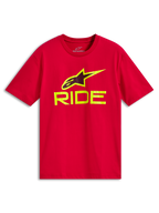 Alpinestars Ride 4.0 CSF Tee, t-shirt a maniche corte, rossa, scritta RIDE e logo A-star giallo fluo, abbigliamento sportivo casual motorsport