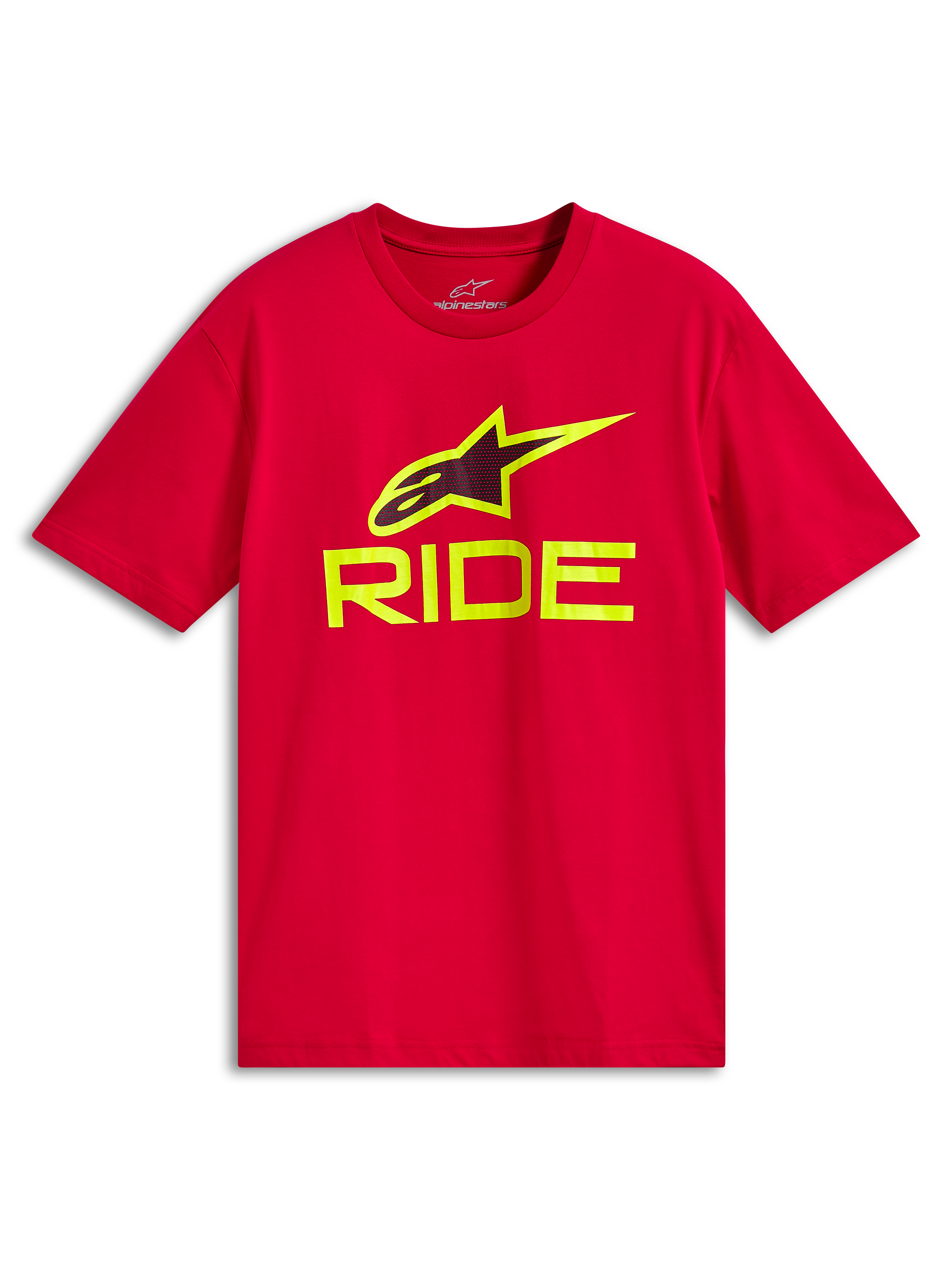 Alpinestars Ride 4.0 CSF Tee, t-shirt a maniche corte, rossa, scritta RIDE e logo A-star giallo fluo, abbigliamento sportivo casual motorsport