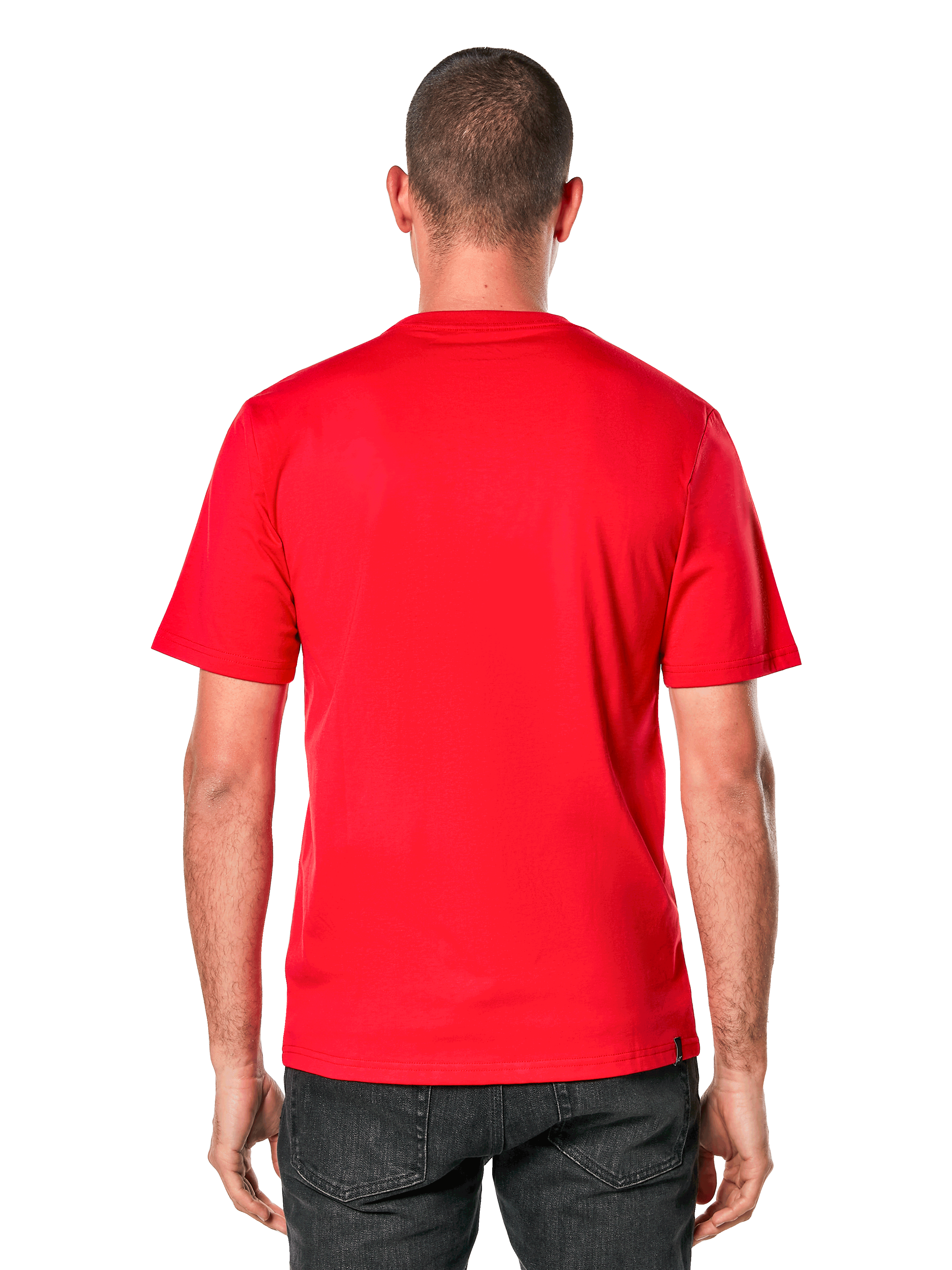 Alpinestars Ride 4.0 CSF Tee, t-shirt a maniche corte, rosso, vista posteriore su modello, tessuto rosso acceso con una piccola etichetta nera del marchio sull'orlo, abbigliamento casual motorsport streetwear