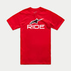 Alpinestars Ride 4.0 CSF Tee, maglietta a maniche corte, rosso, grafica RIDE bianca con logo Alpinestars Star nero e bianco, abbigliamento sportivo casual da motorsport