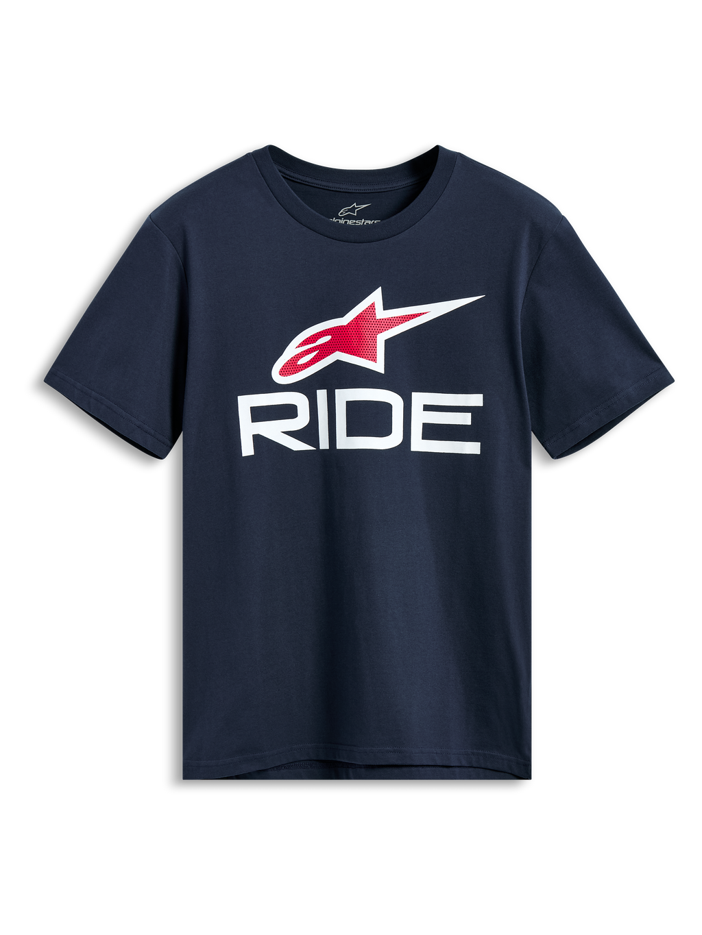 Alpinestars Ride 4.0 CSF Tee, maglietta a maniche corte, blu navy, logo Astars rosso e bianco con grafica RIDE bianca, streetwear casual da motorsport