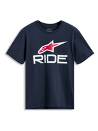 Alpinestars Ride 4.0 CSF Tee, maglietta a maniche corte, blu navy, logo Astars rosso e bianco con grafica RIDE bianca, streetwear casual da motorsport