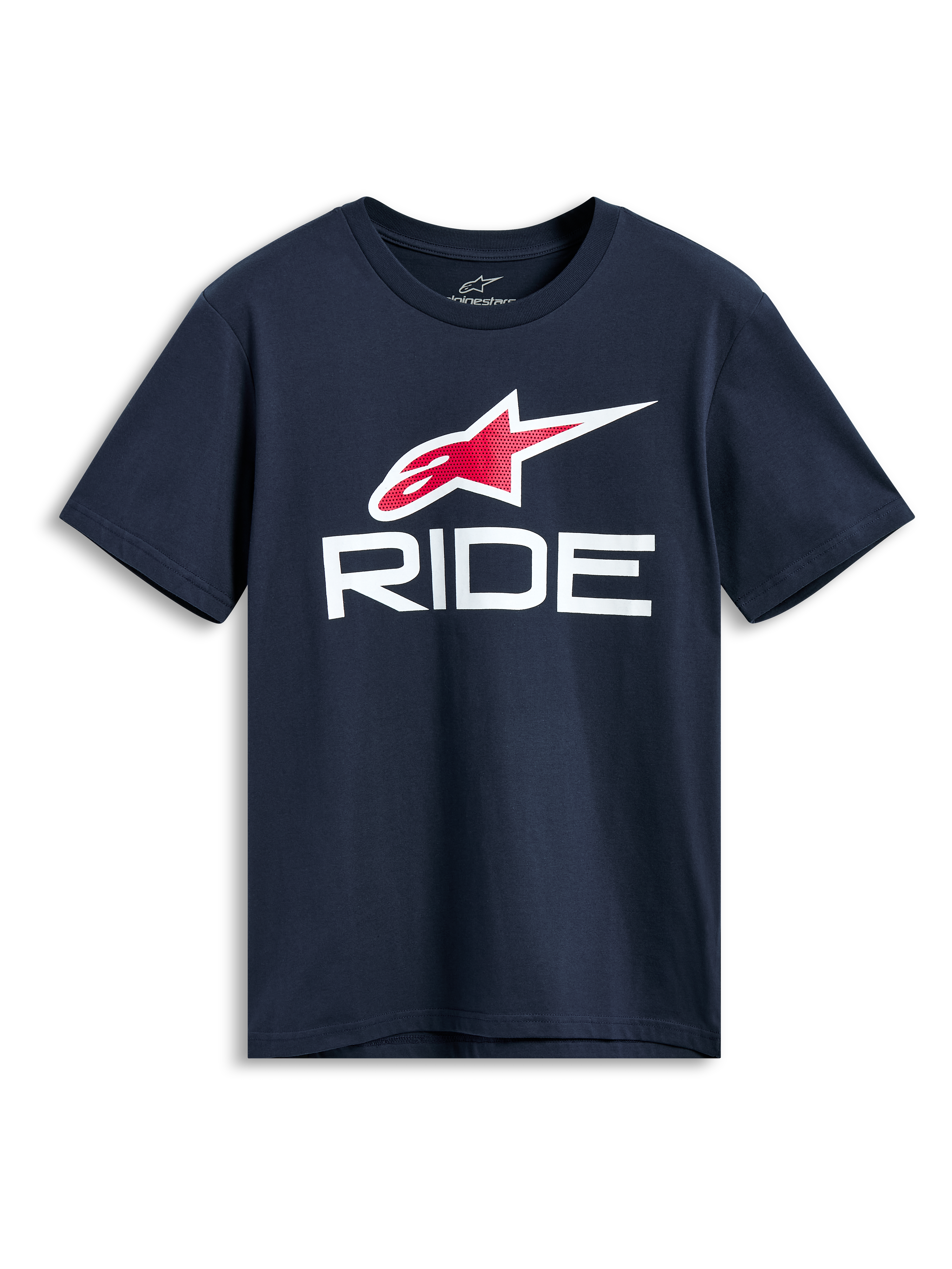 Alpinestars Ride 4.0 CSF Tee, maglietta a maniche corte, blu navy, logo Astars rosso e bianco con grafica RIDE bianca, streetwear casual da motorsport
