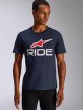 Alpinestars Ride 4.0 CSF Tee, maglietta a maniche corte, blu navy, logo Ride 4.0 rosso e bianco sul petto, abbigliamento streetwear casual motorsport