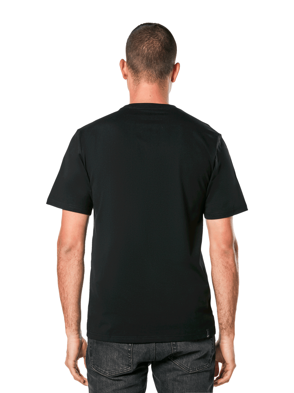 Alpinestars MX Helmet CSF Tee, t-shirt a maniche corte, nero, vista posteriore su modello, abbigliamento casual motorsport streetwear