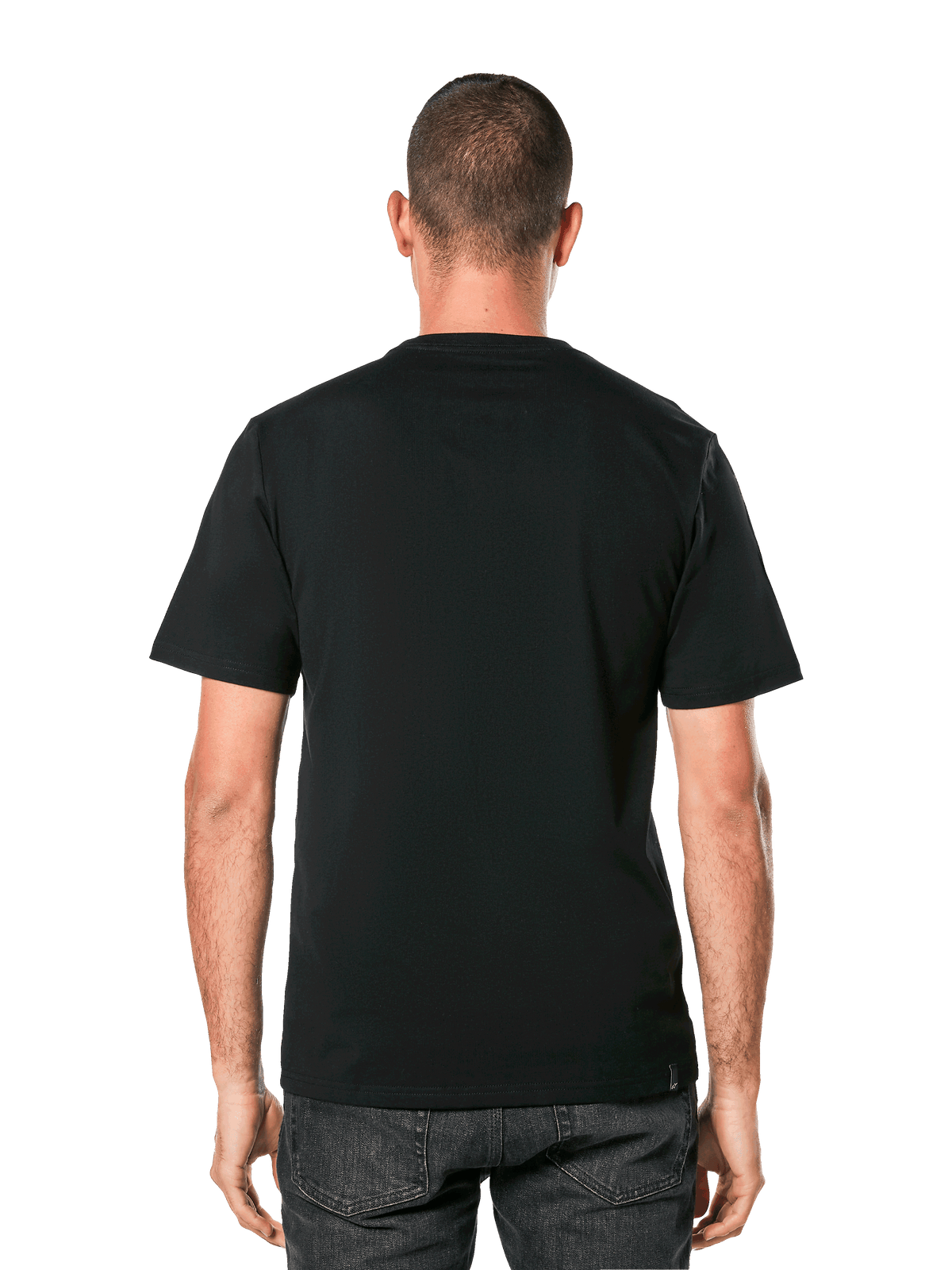 Alpinestars MX Helmet CSF Tee, t-shirt a maniche corte, nero, vista posteriore su modello, abbigliamento casual motorsport streetwear