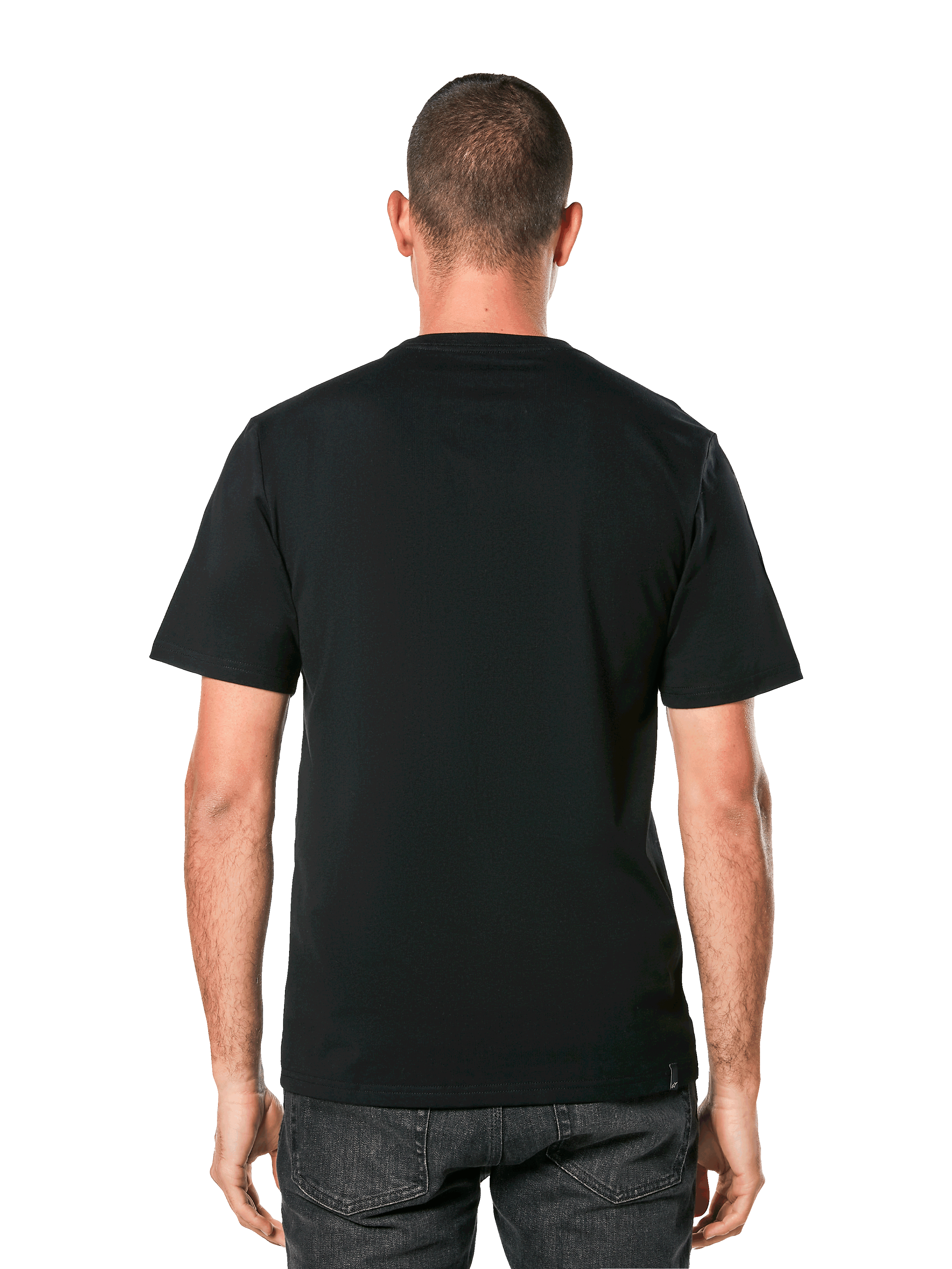 Alpinestars MX Helmet CSF Tee, t-shirt a maniche corte, nero, vista posteriore su modello, abbigliamento casual motorsport streetwear