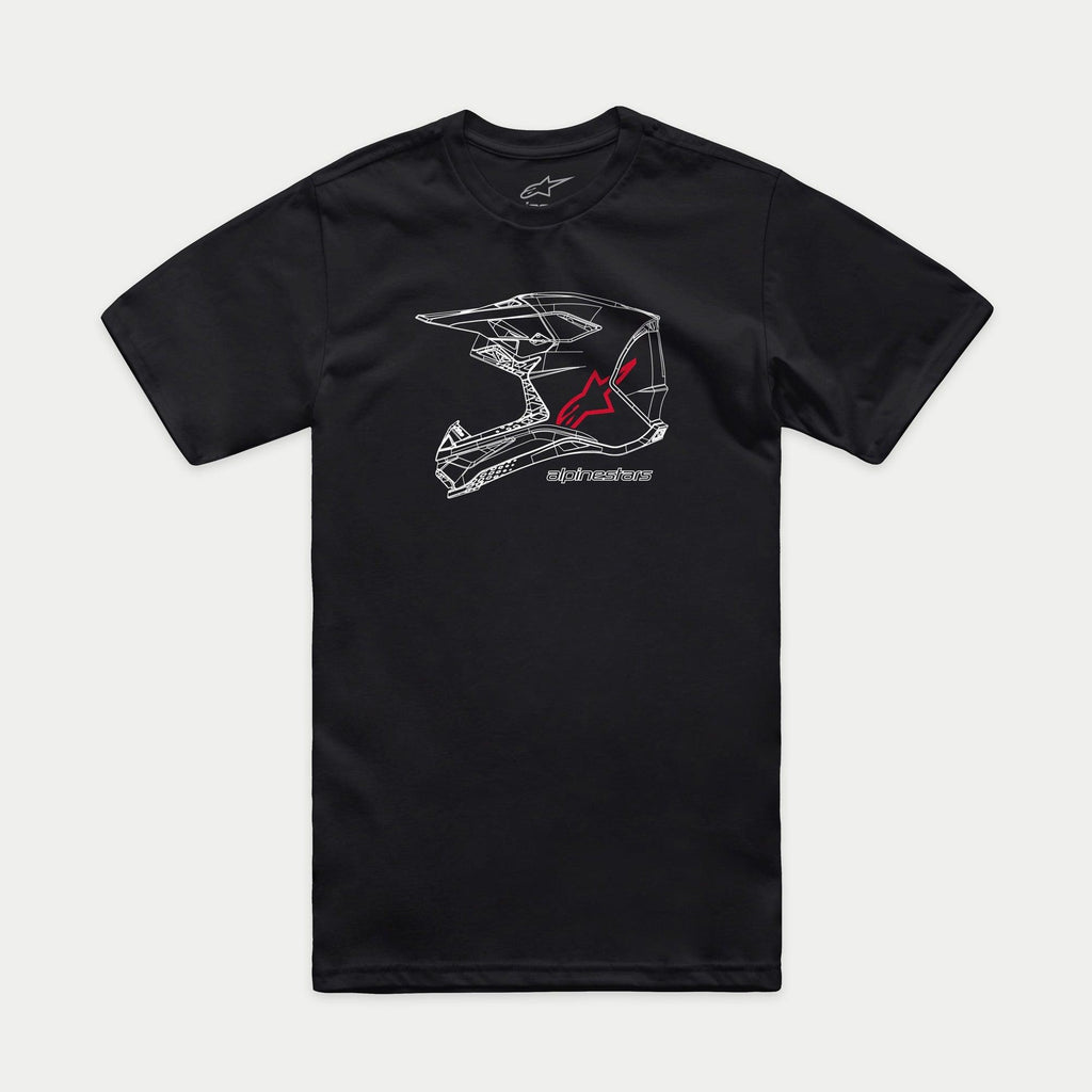 Alpinestars MX Helmet CSF Tee, maglietta a maniche corte, nero, grafica wireframe bianca di un casco MX con logo Alpinestars rosso e scritta, abbigliamento casual motorsport streetwear