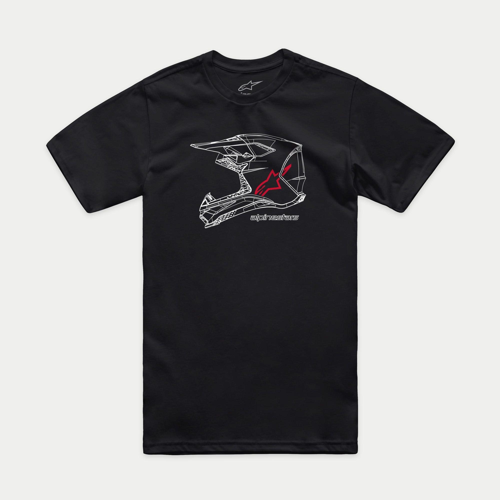 Alpinestars MX Helmet CSF Tee, maglietta a maniche corte, nero, grafica wireframe bianca di un casco MX con logo Alpinestars rosso e scritta, abbigliamento casual motorsport streetwear