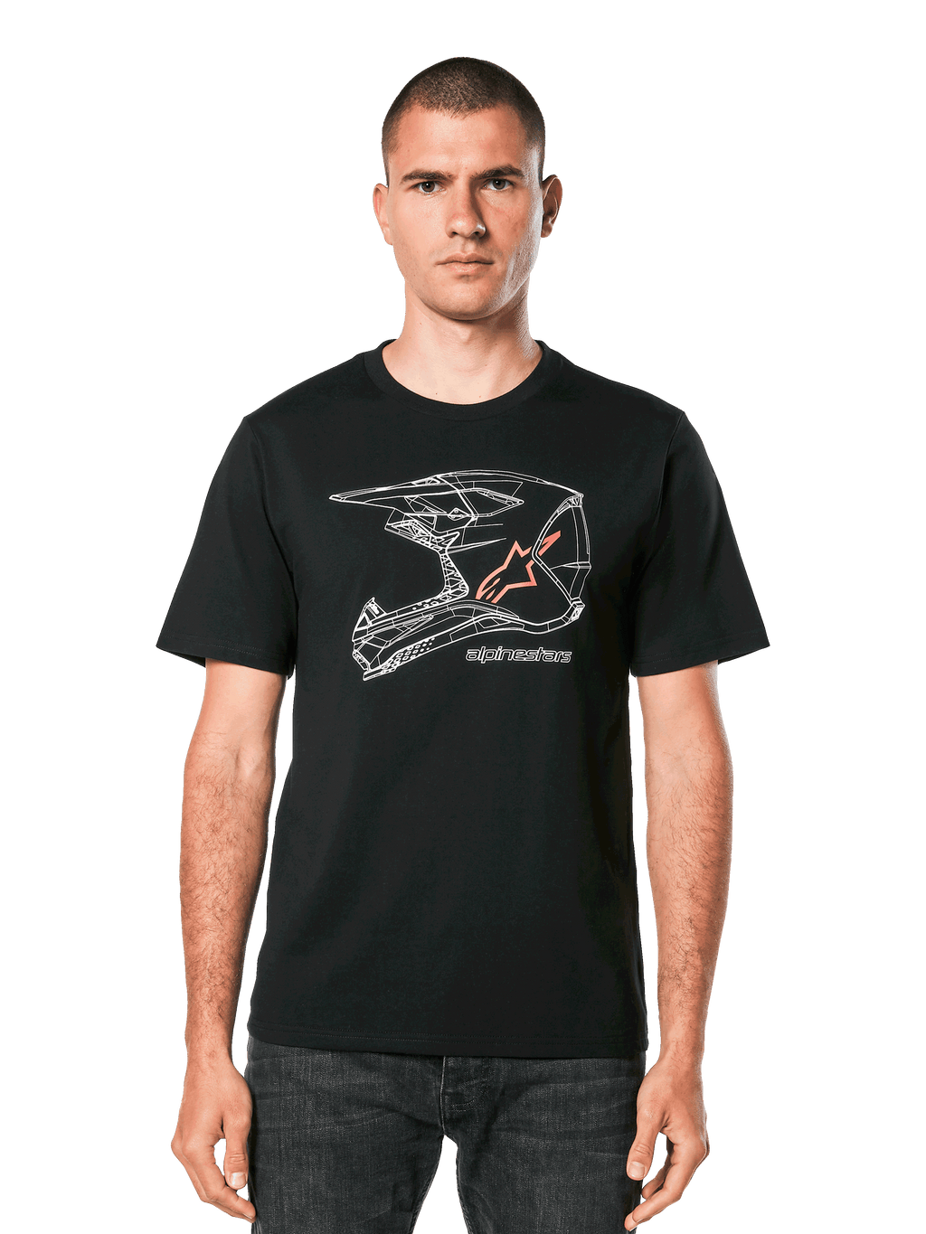 Alpinestars MX Helmet CSF Tee, maglietta nera a maniche corte, grafica geometrica bianca di un casco da motocross con logo a stella arancione, abbigliamento casual motorsport streetwear