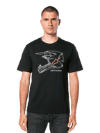 Alpinestars MX Helmet CSF Tee, maglietta nera a maniche corte, grafica geometrica bianca di un casco da motocross con logo a stella arancione, abbigliamento casual motorsport streetwear