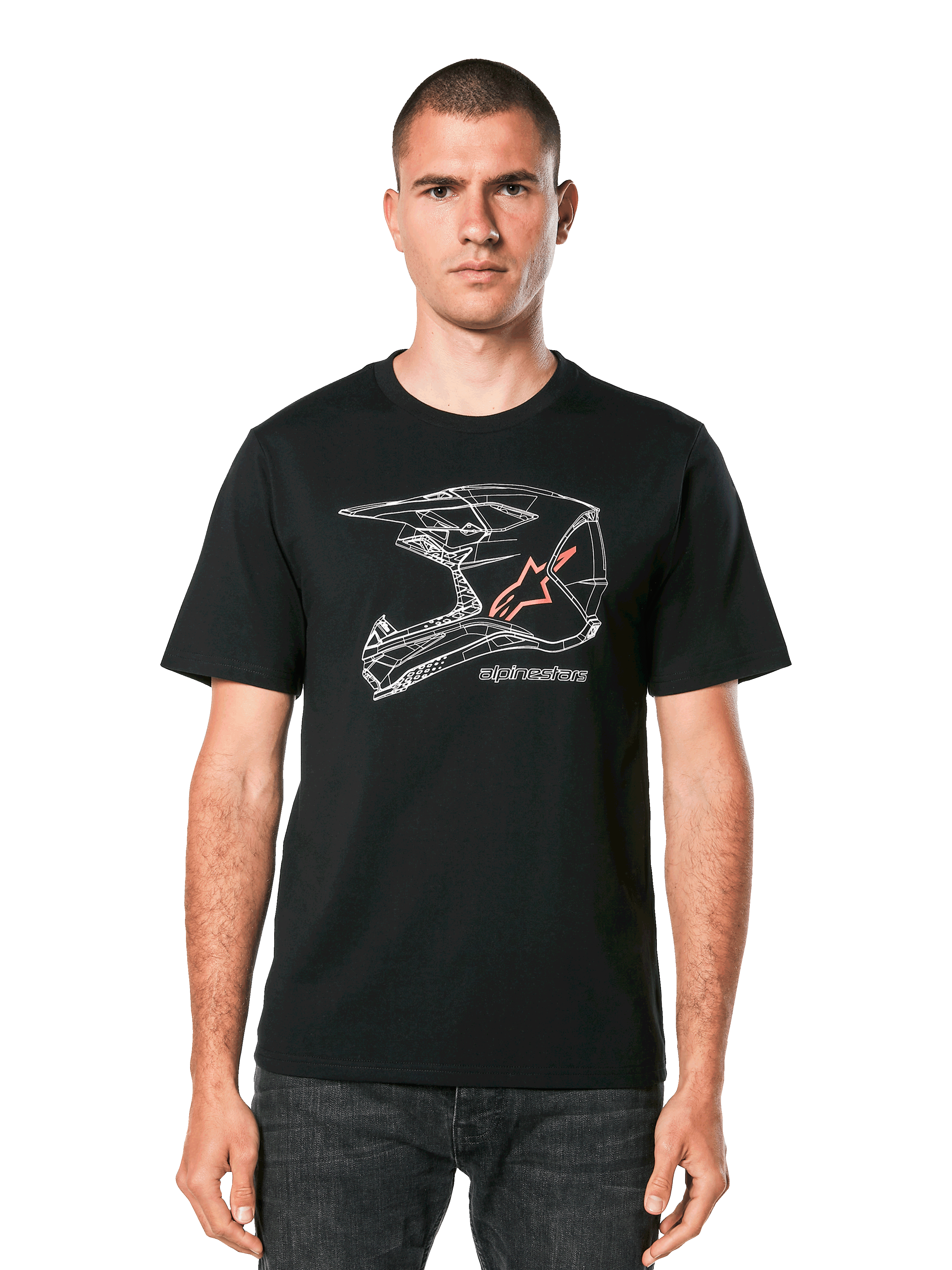 Alpinestars MX Helmet CSF Tee, maglietta nera a maniche corte, grafica geometrica bianca di un casco da motocross con logo a stella arancione, abbigliamento casual motorsport streetwear