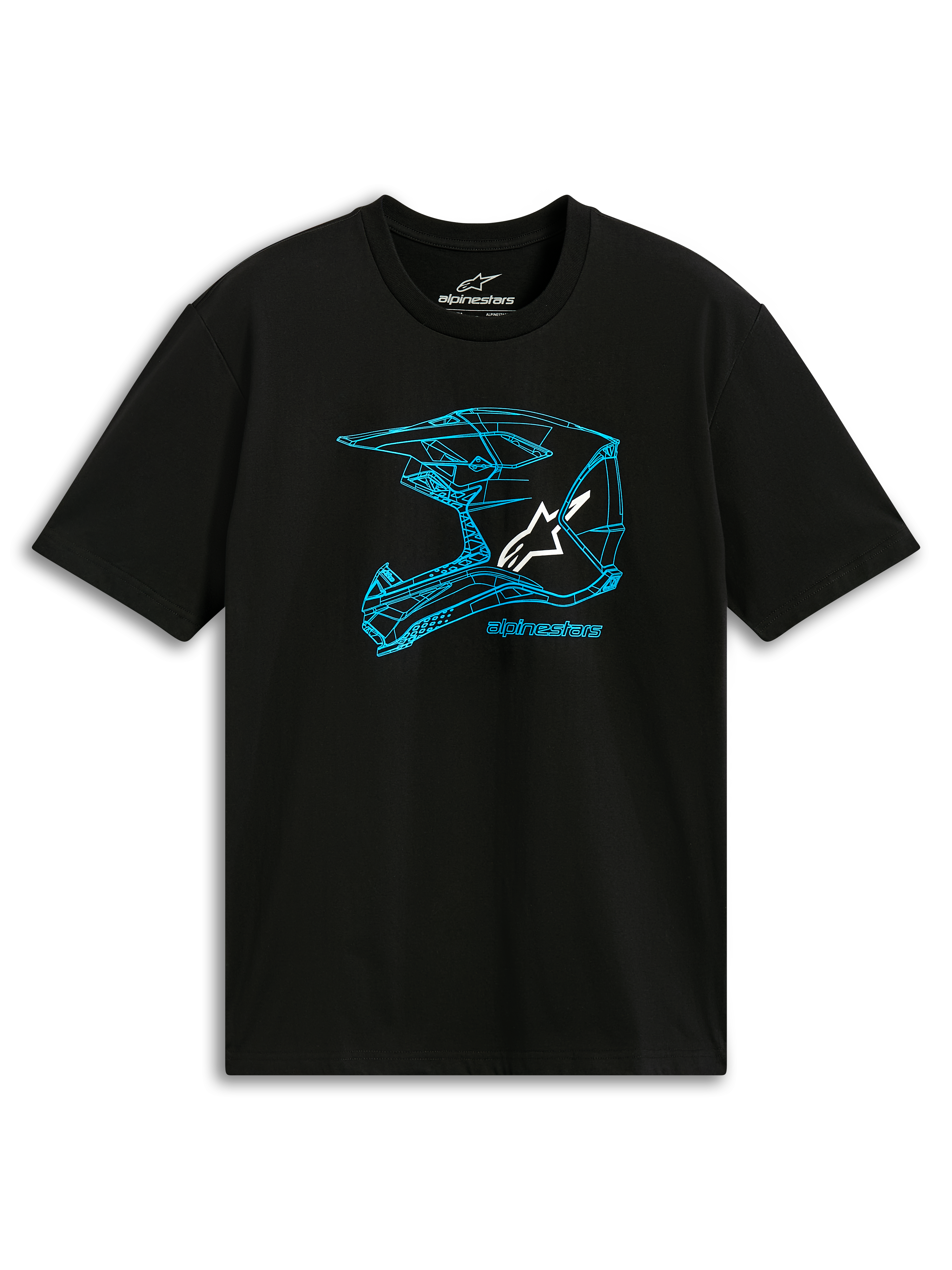Alpinestars CSF Tee, maglietta a maniche corte, nero e blu, grafica con profilo di casco MX blu e logo bianco, abbigliamento sportivo casual da motorsport