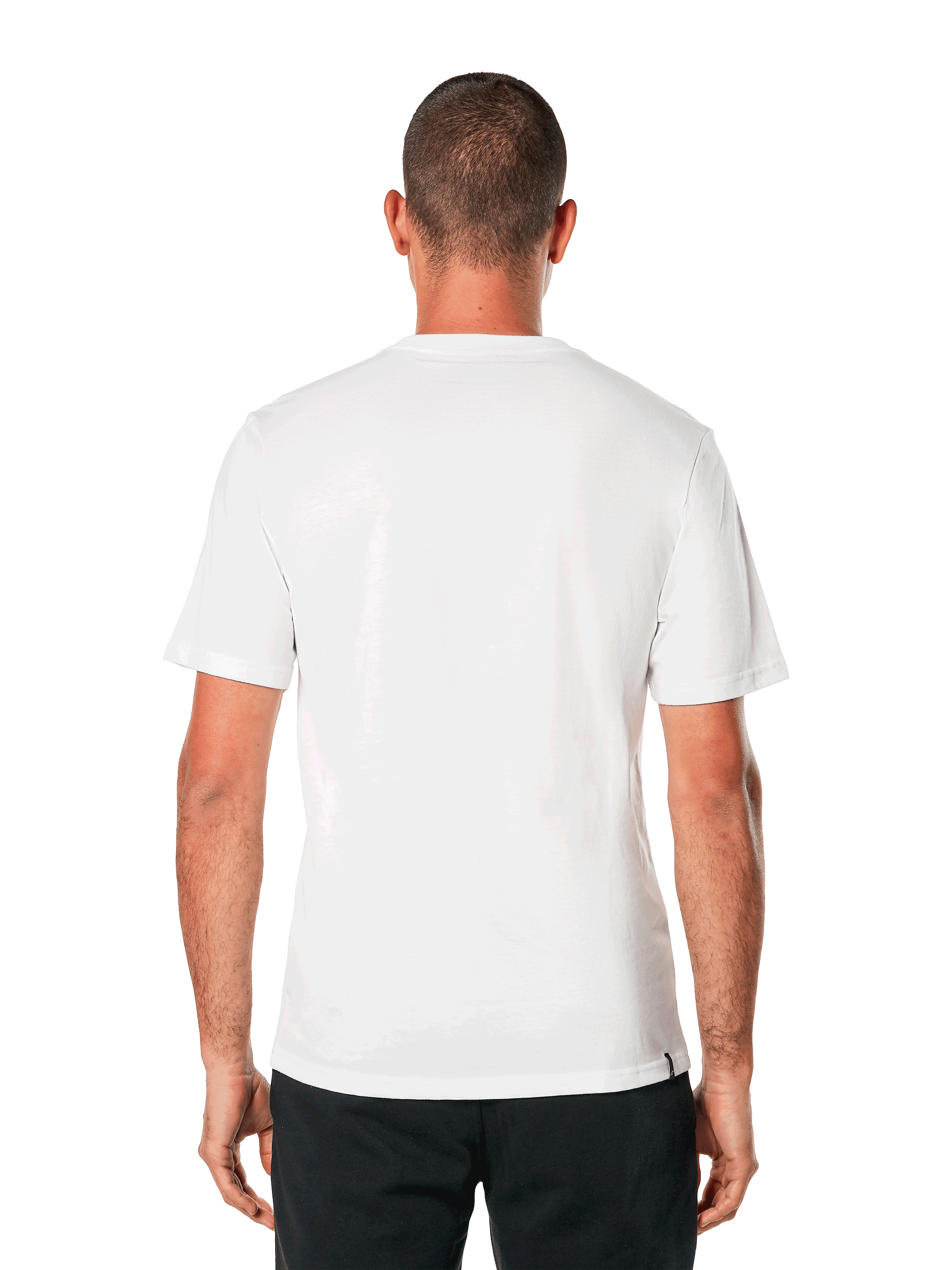 T-shirt Alpinestars MX Helmet CSF, maglietta a maniche corte, bianca, vista posteriore, indossata con pantaloni neri, design casual d'ispirazione motorsport