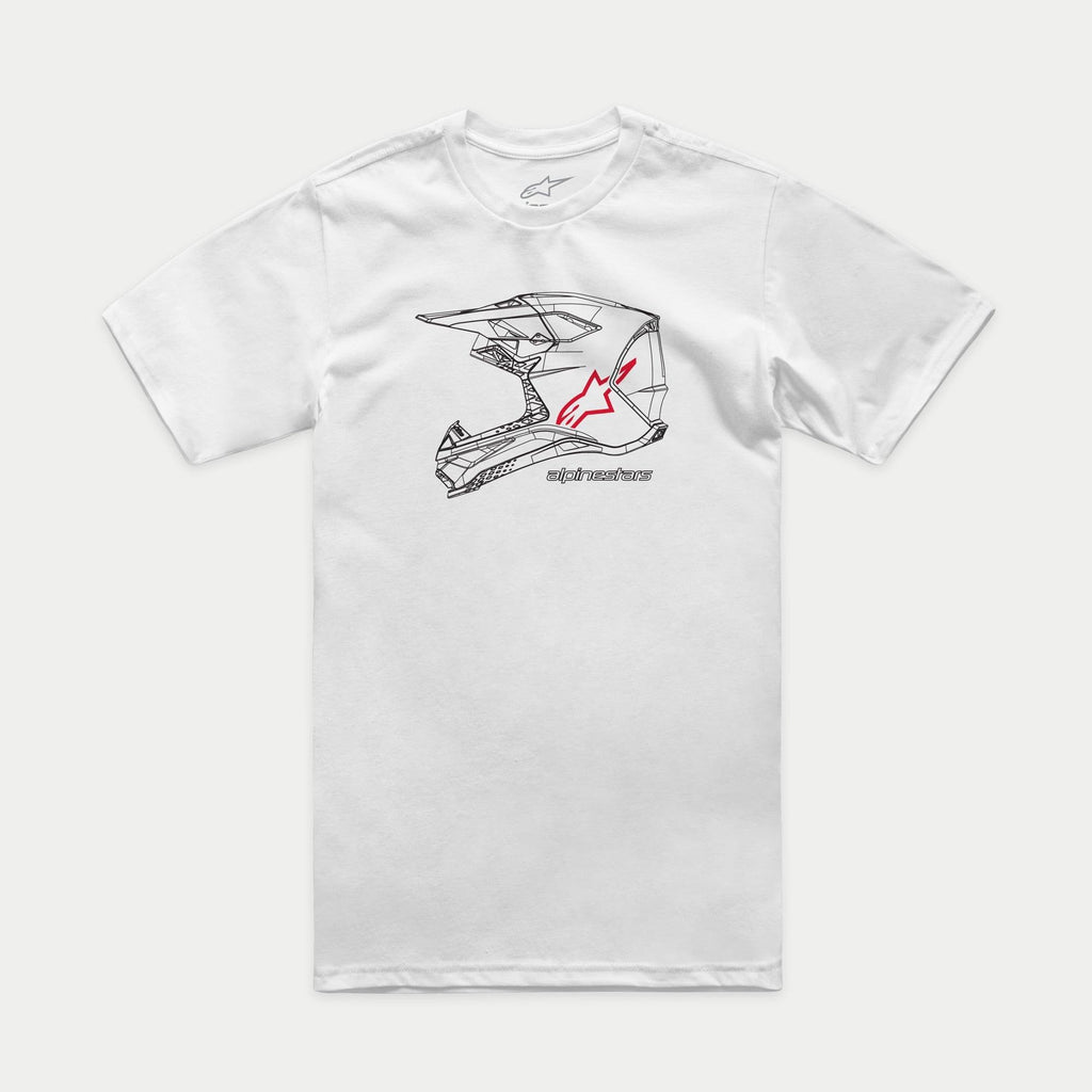 Alpinestars MX Helmet CSF Tee, t-shirt a maniche corte, bianca, grafica frontale nera con casco da motocross, logo a stella rossa e scritta Alpinestars, abbigliamento sportivo casual ispirato al motorsport