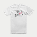 Alpinestars MX Helmet CSF Tee, t-shirt a maniche corte, bianca, grafica frontale nera con casco da motocross, logo a stella rossa e scritta Alpinestars, abbigliamento sportivo casual ispirato al motorsport