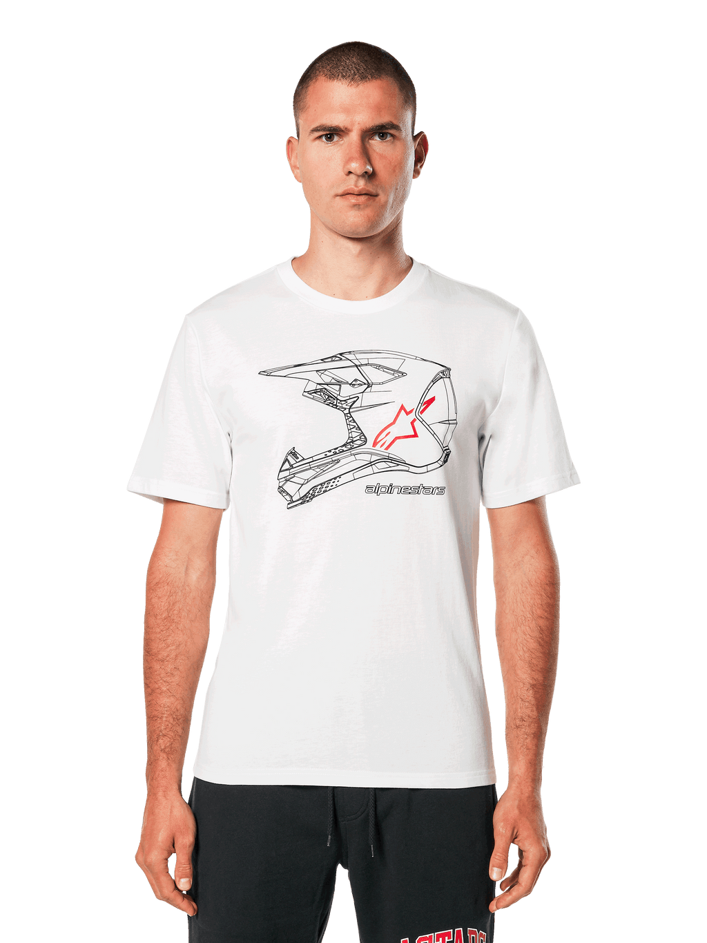 Alpinestars MX Helmet CSF Tee, t-shirt bianca a maniche corte, grafica wireframe nera di un casco da motocross con logo a stella rosso, streetwear casual ispirato al motorsport, indossata da un modello
