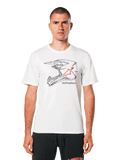 Alpinestars MX Helmet CSF Tee, t-shirt bianca a maniche corte, grafica wireframe nera di un casco da motocross con logo a stella rosso, streetwear casual ispirato al motorsport, indossata da un modello