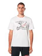 Alpinestars MX Helmet CSF Tee, t-shirt bianca a maniche corte, grafica wireframe nera di un casco da motocross con logo a stella rosso, streetwear casual ispirato al motorsport, indossata da un modello