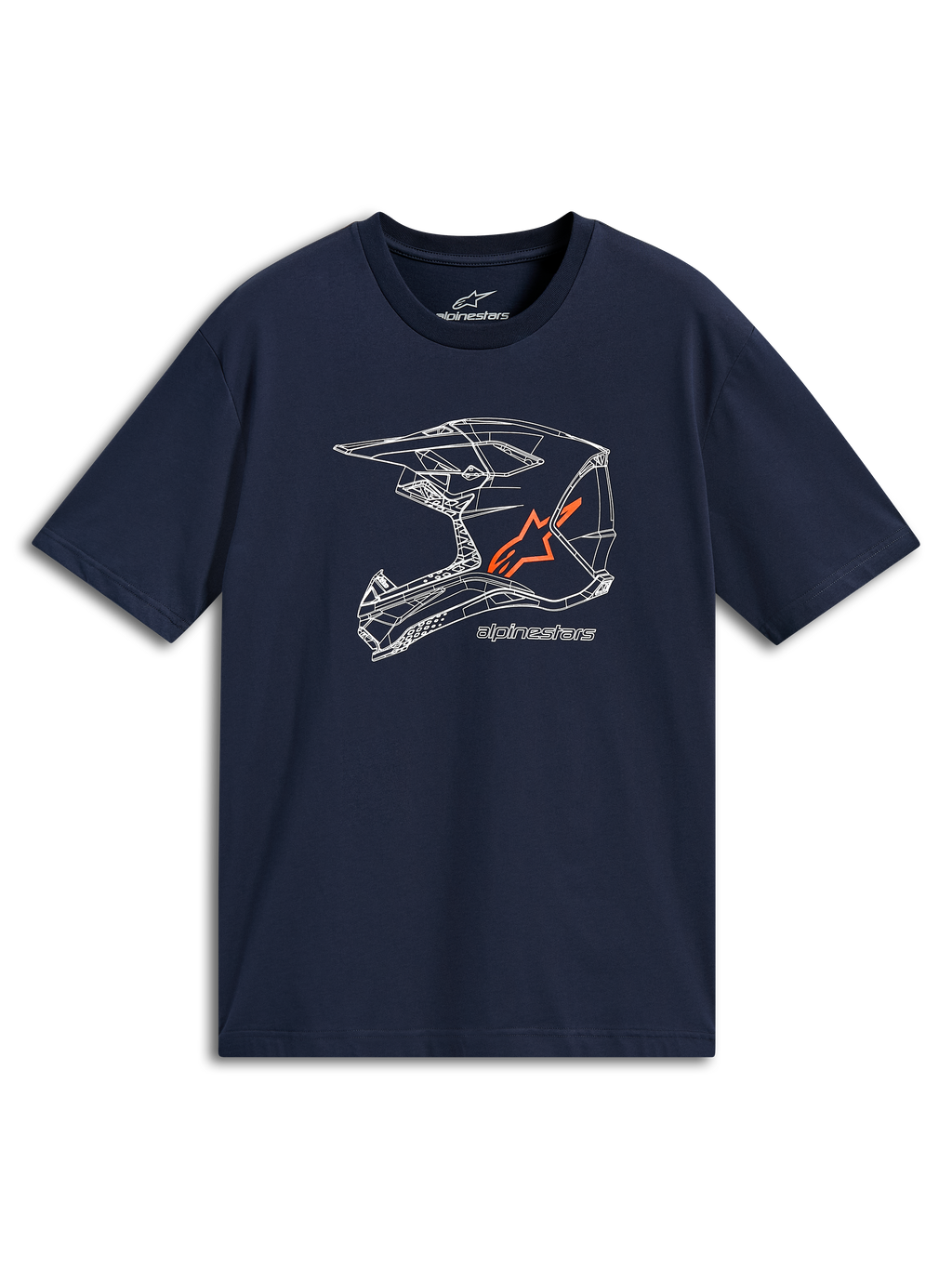 T-shirt Alpinestars MX Helmet CSF, t-shirt a maniche corte, blu navy, grafica lineare bianca di un casco da cross con logo arancione, abbigliamento sportivo casual motorsport