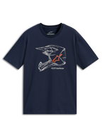 T-shirt Alpinestars MX Helmet CSF, t-shirt a maniche corte, blu navy, grafica lineare bianca di un casco da cross con logo arancione, abbigliamento sportivo casual motorsport