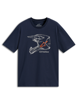 T-shirt Alpinestars MX Helmet CSF, t-shirt a maniche corte, blu navy, grafica lineare bianca di un casco da cross con logo arancione, abbigliamento sportivo casual motorsport