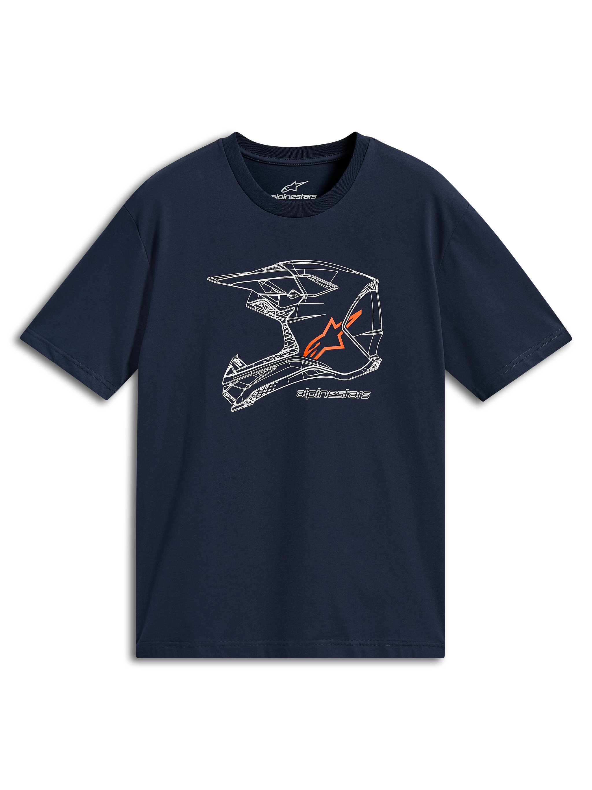 T-shirt Alpinestars MX Helmet CSF, t-shirt a maniche corte, blu navy, grafica lineare bianca di un casco da cross con logo arancione, abbigliamento sportivo casual motorsport