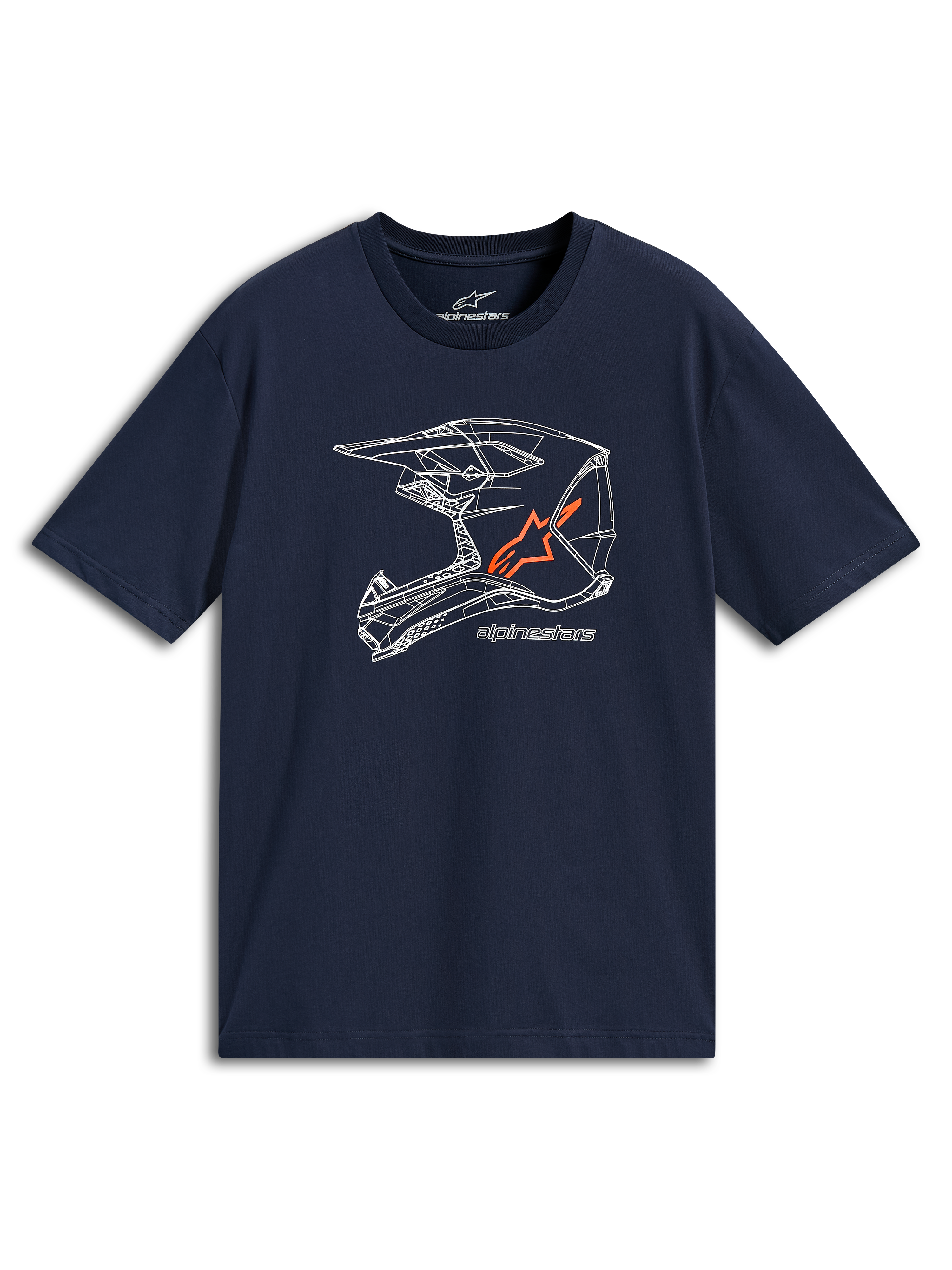 T-shirt Alpinestars MX Helmet CSF, t-shirt a maniche corte, blu navy, grafica lineare bianca di un casco da cross con logo arancione, abbigliamento sportivo casual motorsport