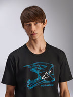 Alpinestars CSF Tee, maglietta a maniche corte, nero, grafica blu del casco MX con logo bianco, abbigliamento sportivo casual motorsport