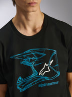 Alpinestars CSF Tee, t-shirt a maniche corte, nero, grafica blu di un casco da motocross con logo a stella bianco, abbigliamento casual motorsport streetwear
