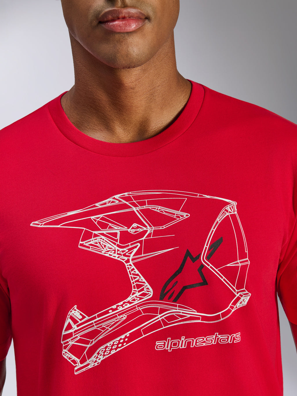 Alpinestars CSF Tee, t-shirt a maniche corte, rossa, grafica casco da motocross in line-art bianca con logo stella nero, streetwear casual motorsport